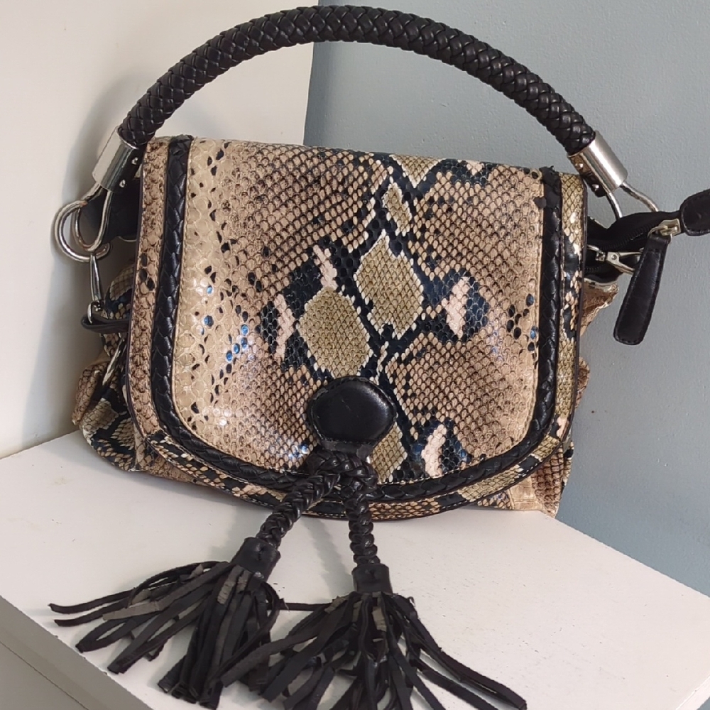 Big Buddha Crossbody Faux Snakeskin Shoulder Bag with Black Details